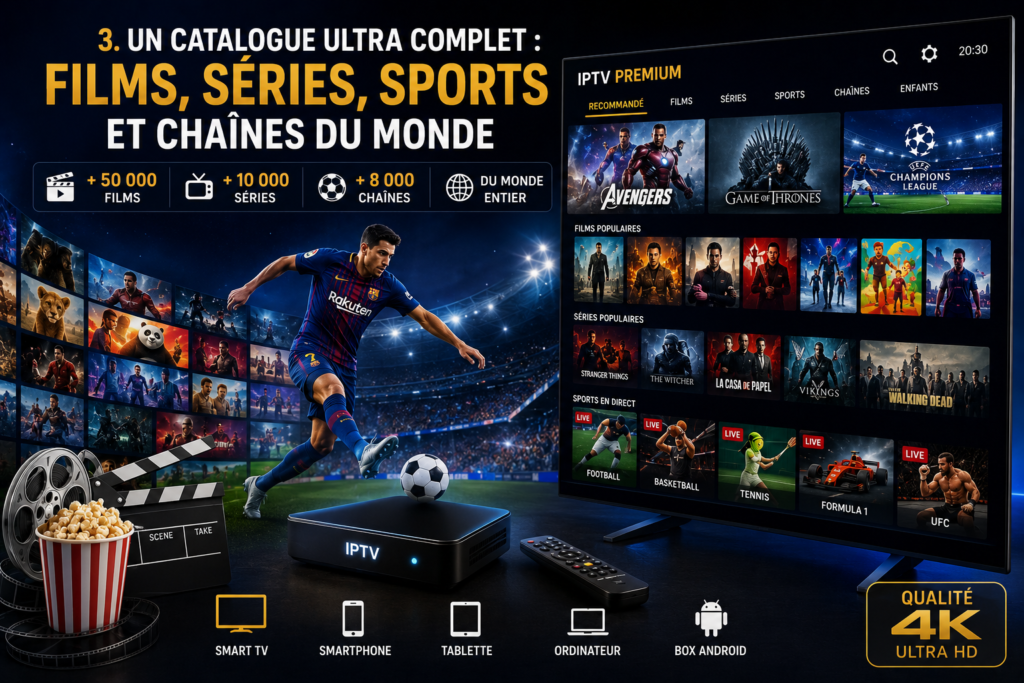 IPTV Premium avec un catalogue complet de films, séries, sports et chaînes du monde sur plusieurs appareils compatibles.