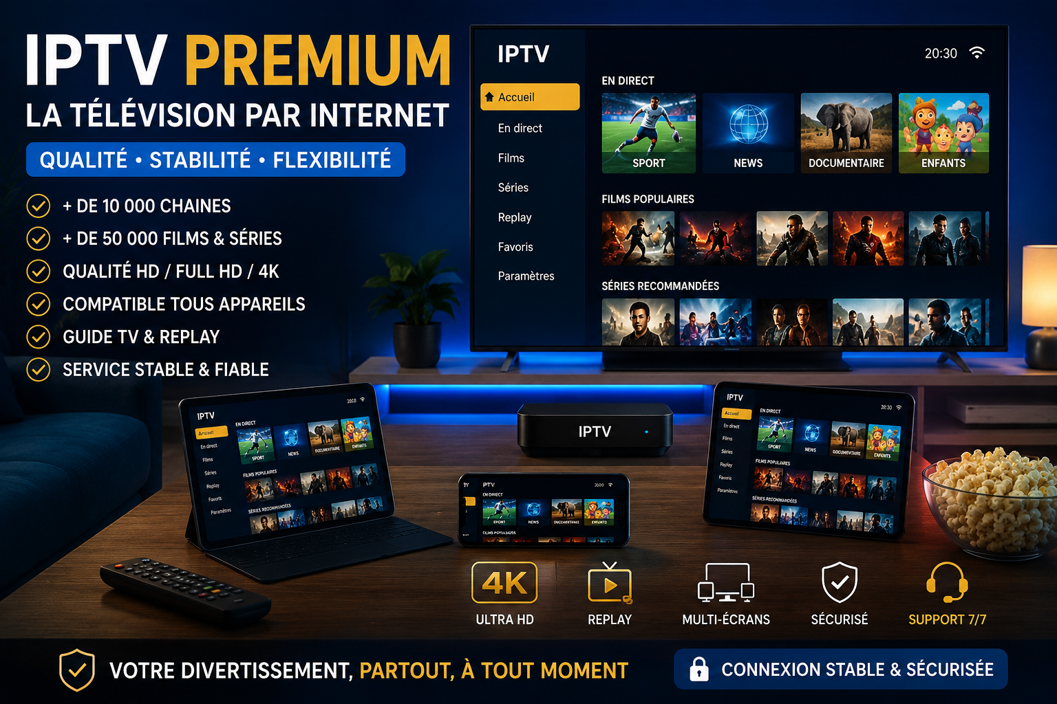 IPTV Premium sur Smart TV avec interface moderne affichée sur plusieurs appareils connectés à Internet.