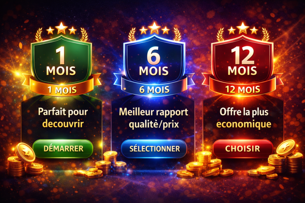 Choisir un abonnement IPTV premium : 1 mois pour tester, 6 mois meilleur rapport qualité/prix, 12 mois le plus économique