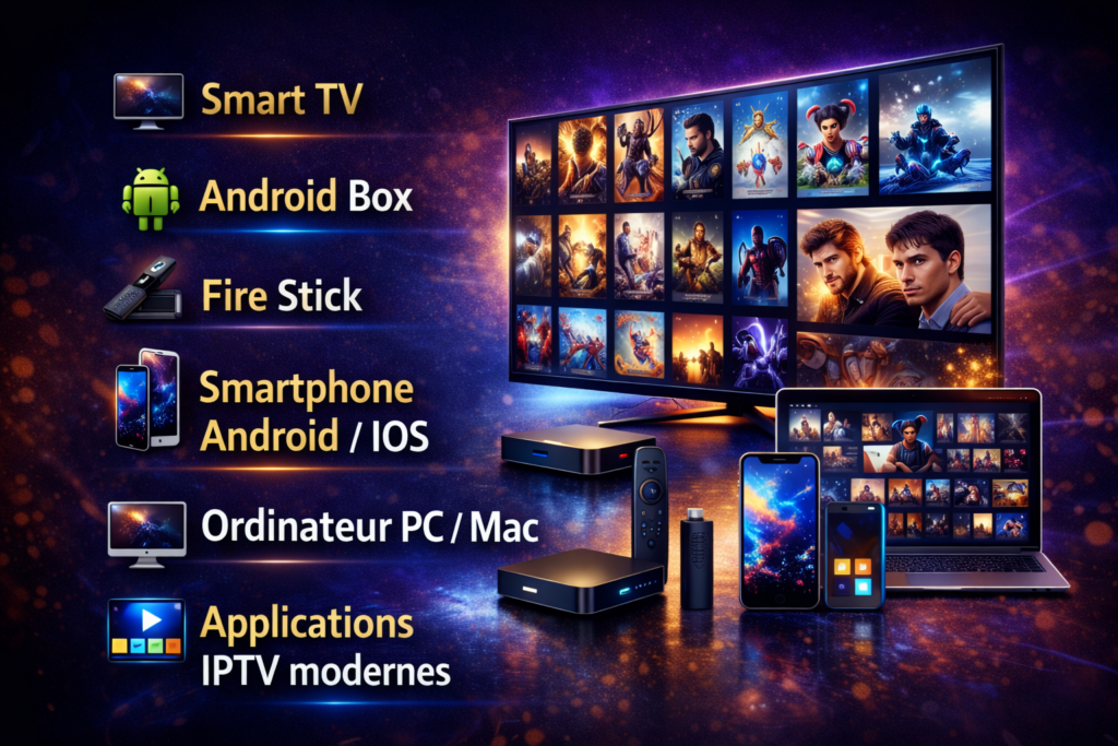 Agence IPTV premium utilisable sur tous les appareils : Smart TV, box, Fire Stick, mobile Android/iOS et ordinateur PC/Mac