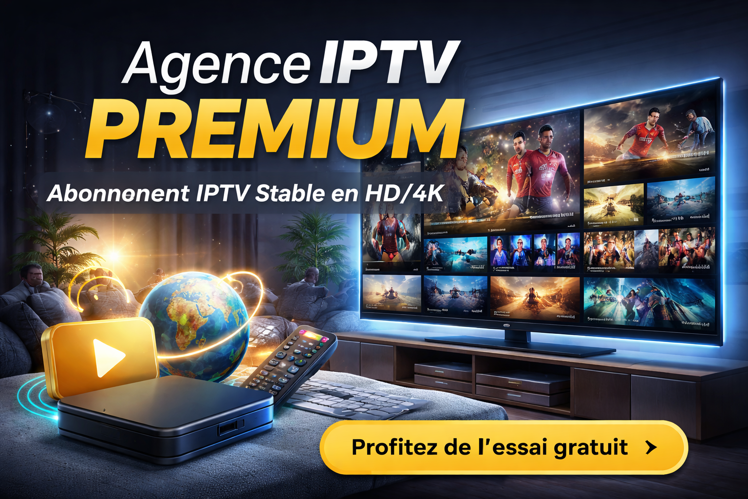Agence IPTV Premium avec abonnement IPTV stable en HD/4K, compatible Smart TV et mobile, service disponible partout dans le monde