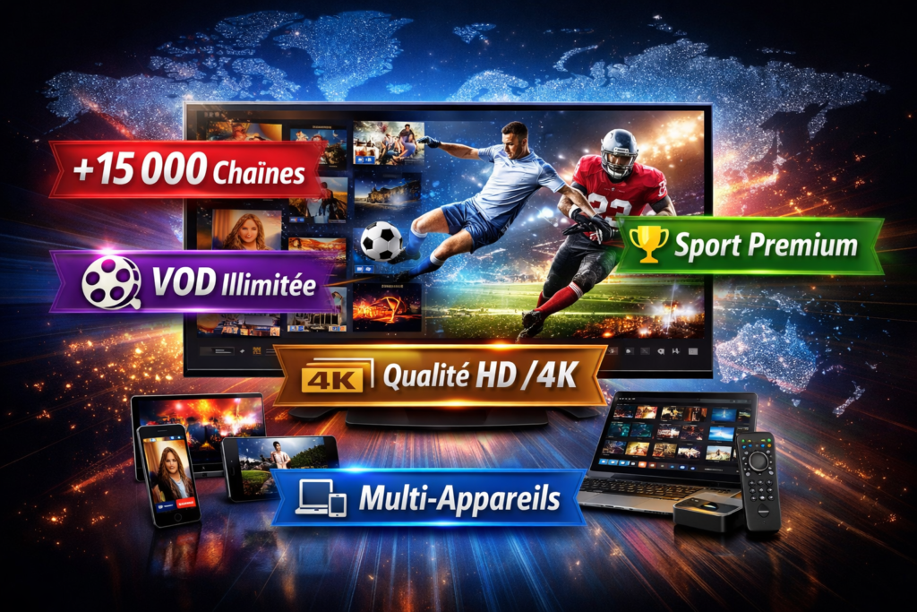 Visuel des avantages Agence IPTV Premium : +15 000 chaînes, VOD illimitée, sport premium, qualité HD/4K et multi-appareils