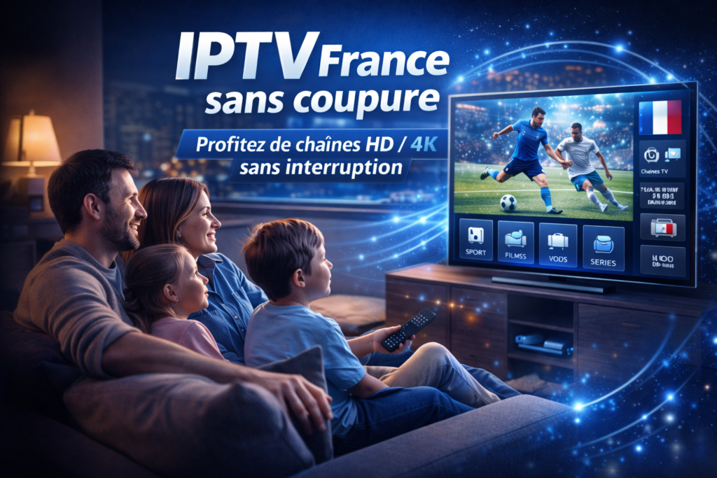 Famille regardant la télévision en soirée avec IPTV France sans coupure, profitant de chaînes HD et 4K dans un salon moderne