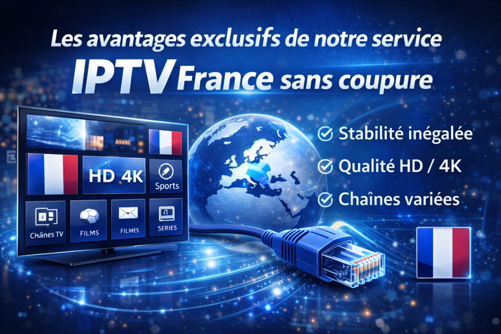 Écran de télévision moderne montrant les avantages exclusifs de l’IPTV France sans coupure avec chaînes françaises et internationales, streaming fluide et HD/4K