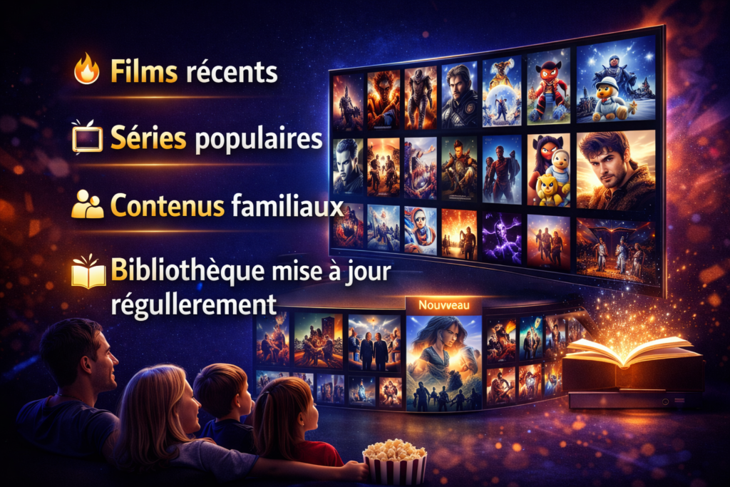 Agence IPTV Premium avec films récents, séries populaires, contenus familiaux et bibliothèque VOD mise à jour régulièrement