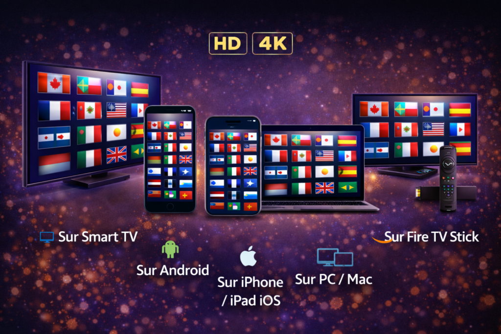 IPTV compatible sur Smart TV, Android, iPhone iPad iOS, PC Mac et Fire TV Stick avec streaming HD et 4K