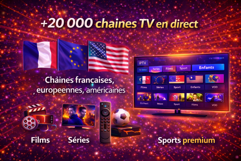Meilleur IPTV 2026 avec plus de 20 000 chaînes TV en direct, films, séries et sports premium en streaming HD/4K