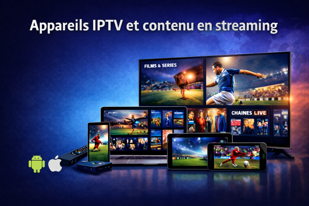 Test IPTV immédiat sur appareils compatibles : Smart TV, ordinateur, tablette, smartphone et box IPTV avec contenu en streaming films, séries et sport