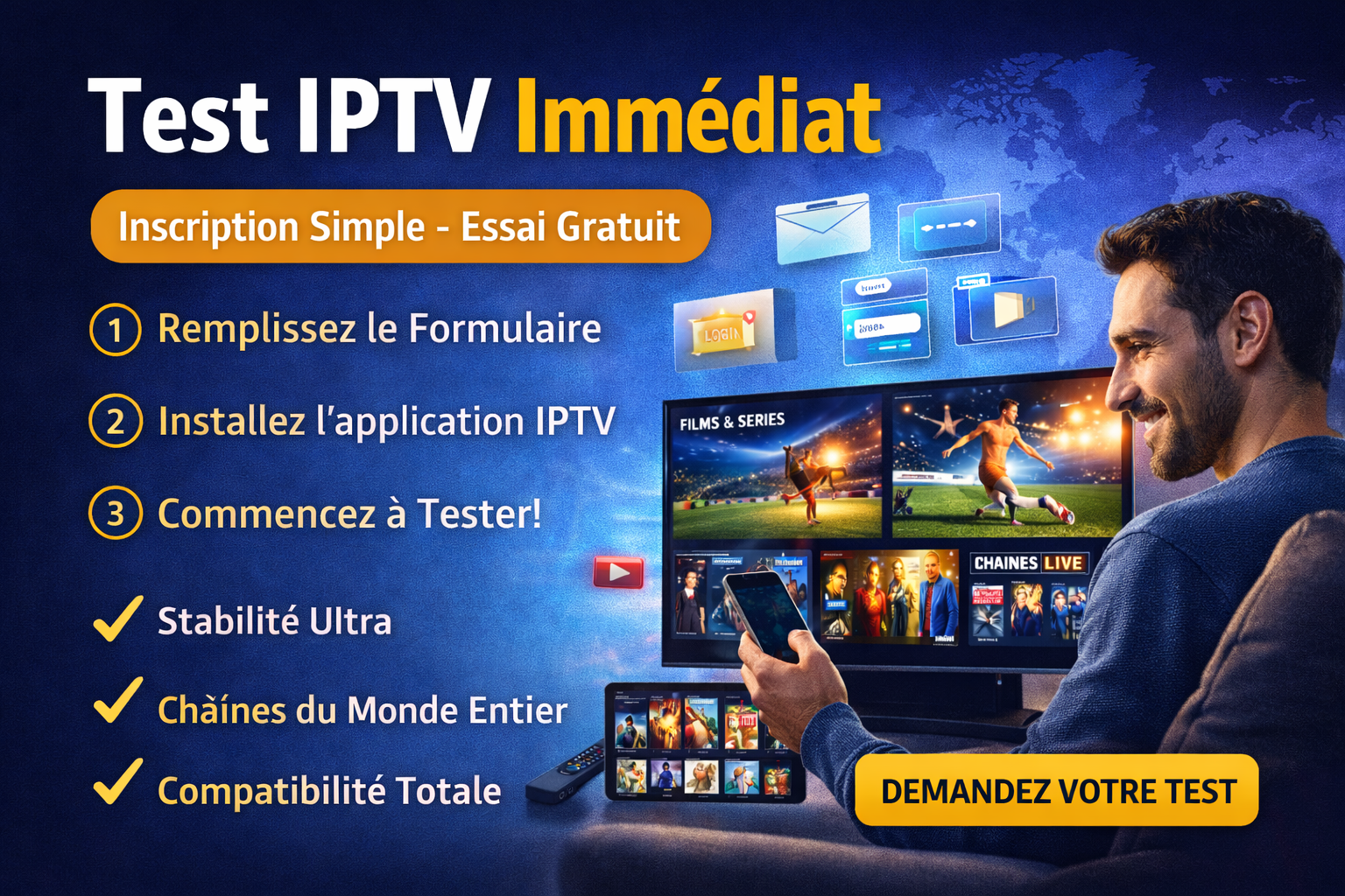 Image mise en avant : Test IPTV immédiat avec essai gratuit, service IPTV stable, chaînes internationales et qualité premium sur TV et mobile