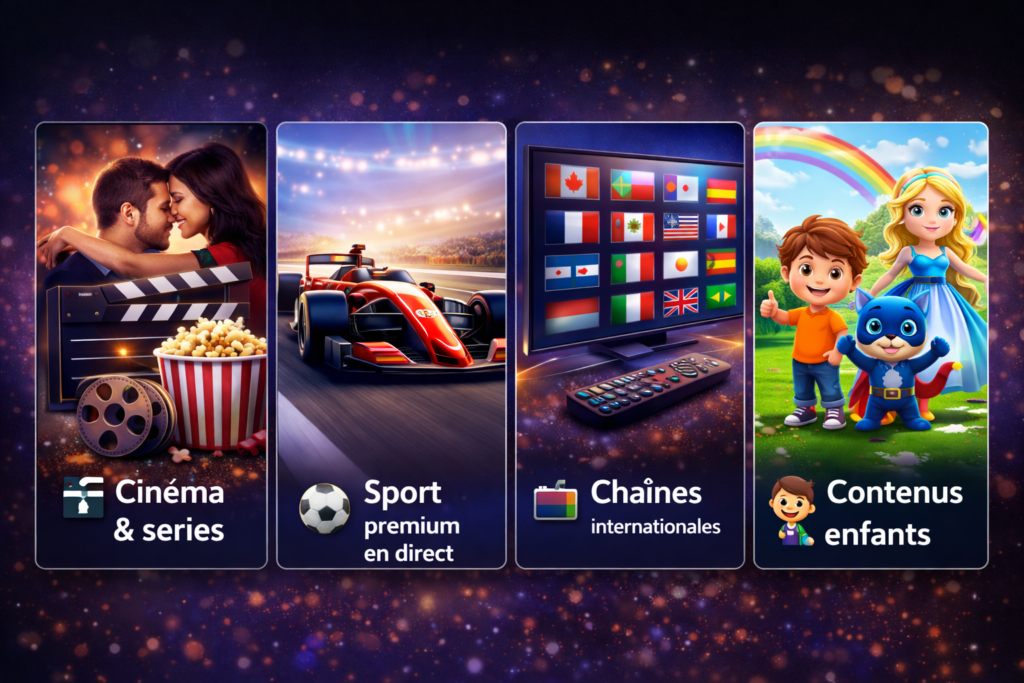 Visuel des catégories IPTV : cinéma et séries, sport premium en direct, chaînes internationales et contenus enfants