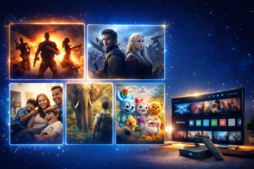 Visuel IPTV 4K Belgique présentant films récents, séries populaires, contenu familial, documentaires et programmes pour enfants en VOD