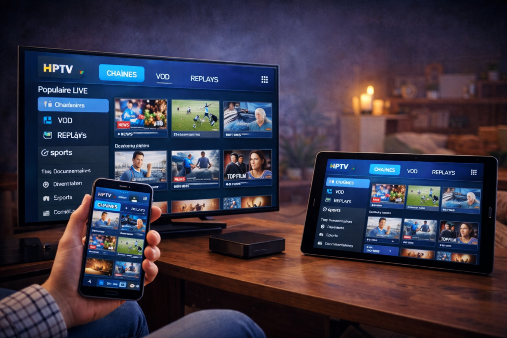 Interface IPTV sur Smart TV, tablette et smartphone pour naviguer entre chaînes, VOD et replays