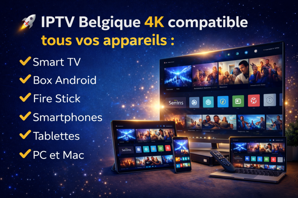 IPTV 4K Belgique compatible avec Smart TV, Box Android, Fire Stick, smartphones, tablettes et PC/Mac