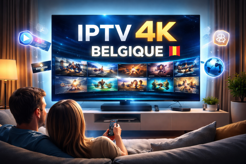 Couple regardant la télévision en IPTV 4K Belgique avec une expérience streaming Ultra HD stable et premium