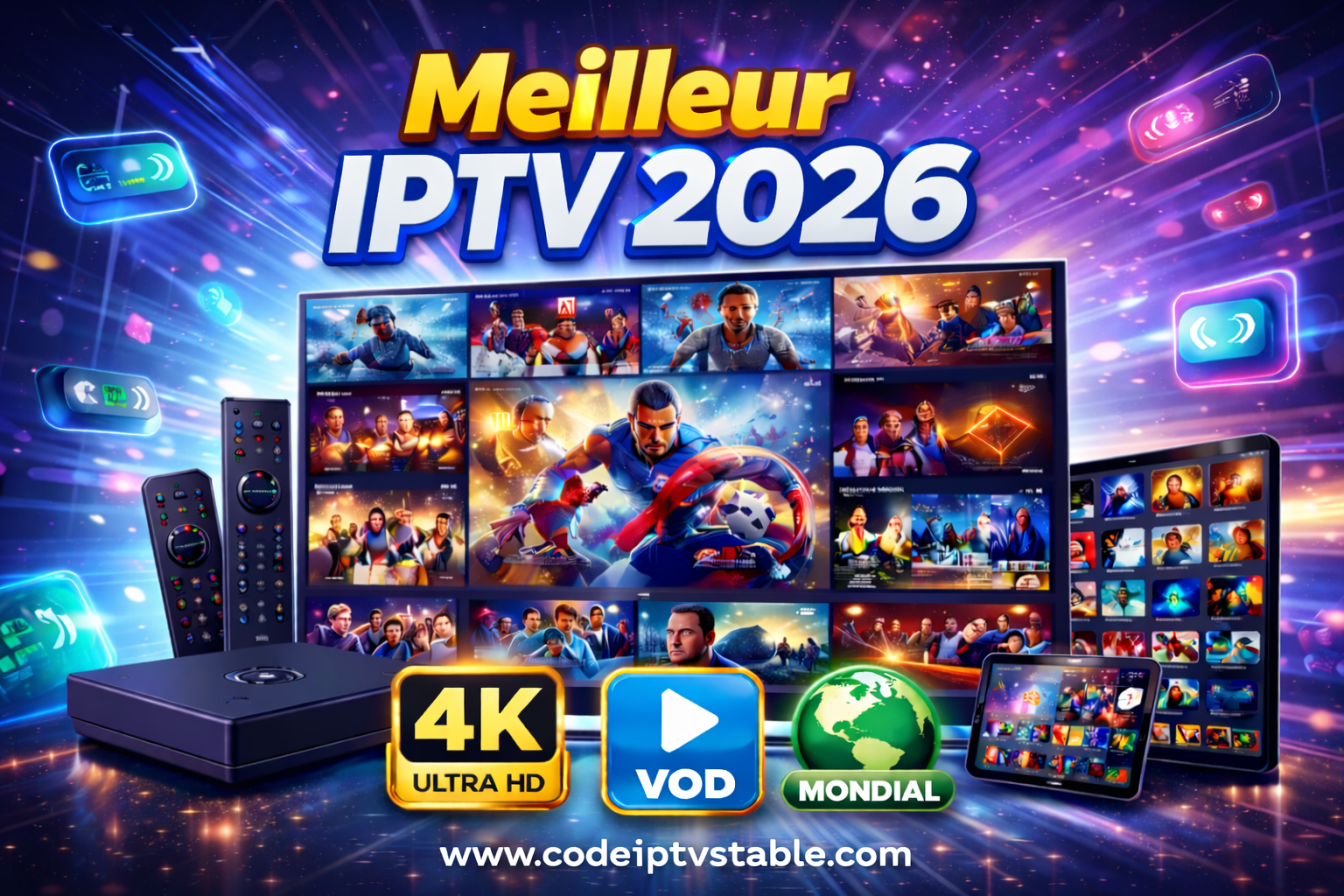 Meilleur IPTV 2026 montrant TV, appareils connectés, 4K Ultra HD, VOD et accès IPTV mondial
