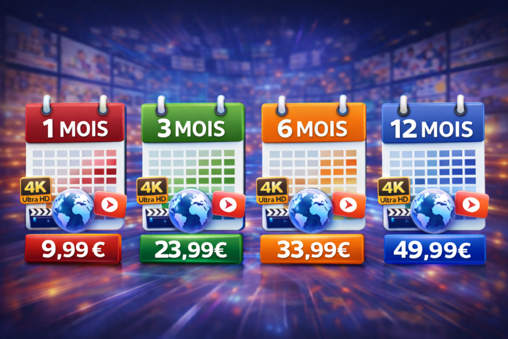 Offres d’abonnement IPTV 1 mois, 3 mois, 6 mois et 12 mois avec prix abordables et qualité 4K