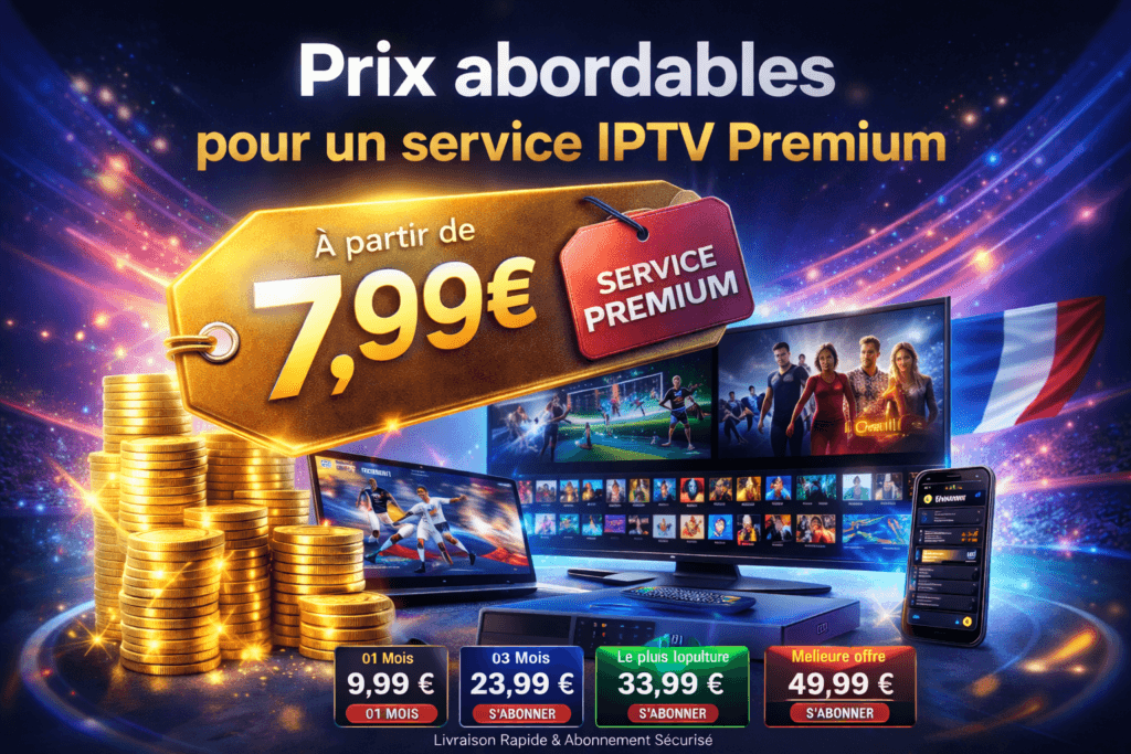 Serveur IPTV France stable : prix abonnement IPTV premium 1 mois 9,99€, 3 mois 23,99€, 6 mois 33,99€, 12 mois 49,99€