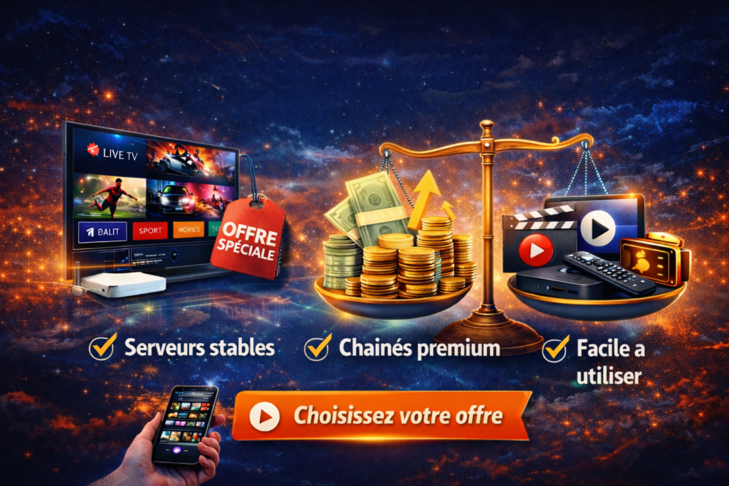 Illustration du rapport qualité/prix IPTV : balance entre prix abordables et service premium (serveurs stables, chaînes premium, utilisation facile)
