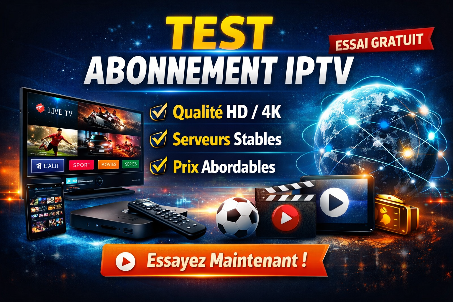 Test abonnement IPTV : visuel promotionnel d’essai gratuit avec qualité HD/4K, serveurs stables et prix abordables