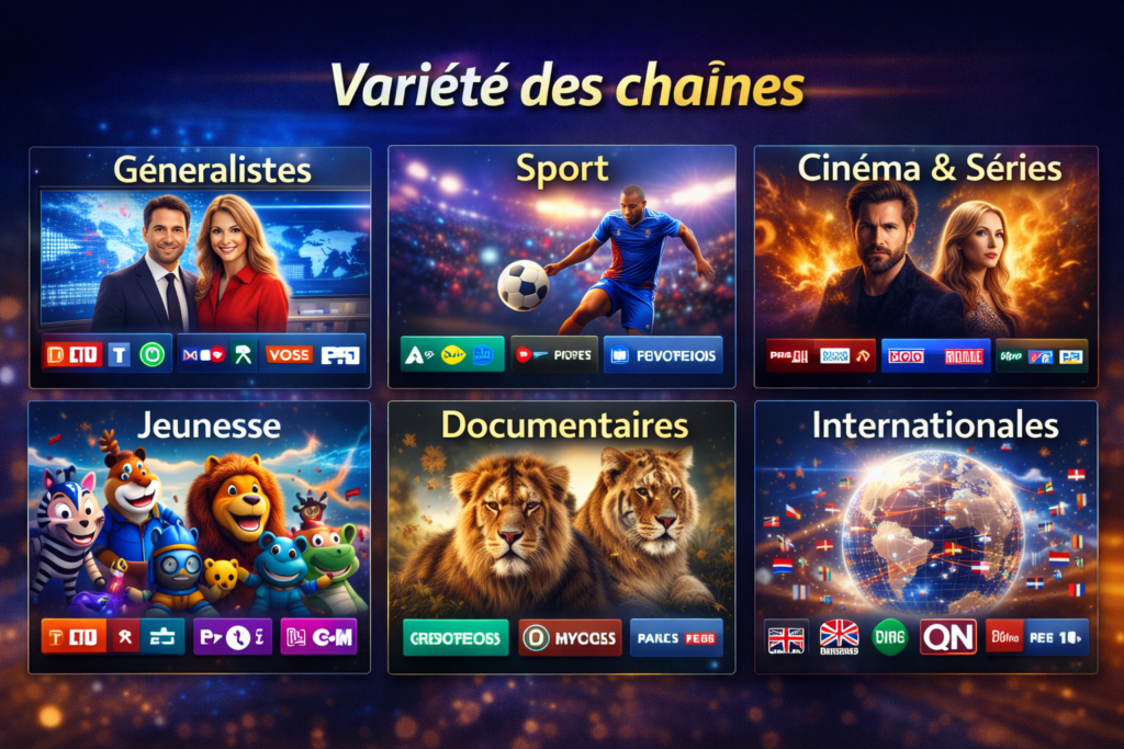 Variété des chaînes IPTV : généralistes, sport, cinéma & séries, jeunesse, documentaires et internationales