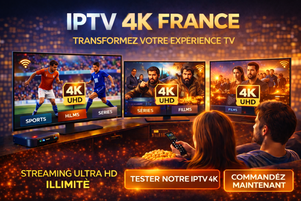 Salon moderne avec plusieurs TV affichant du contenu 4K – IPTV 4K France streaming Ultra HD