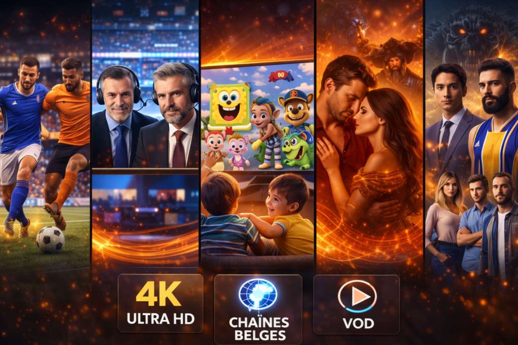 iptv 4K premium Belgique avec accès aux contenus sport, actualités, films, séries et enfants