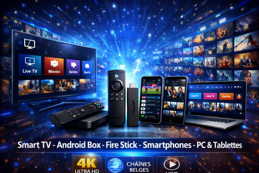 iptv 4K premium Belgique compatible Smart TV, Android Box, Fire Stick, smartphones, PC et tablettes