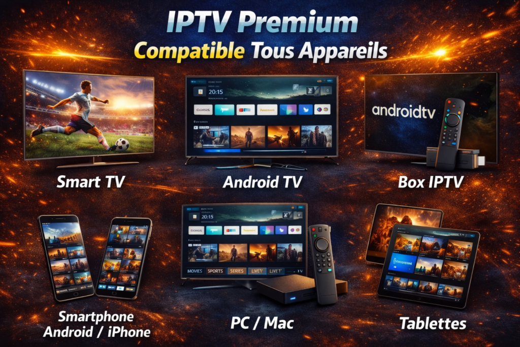 IPTV avis : appareils compatibles Smart TV, Android TV, Box IPTV, Fire Stick, smartphone Android/iPhone, PC/Mac et tablettes