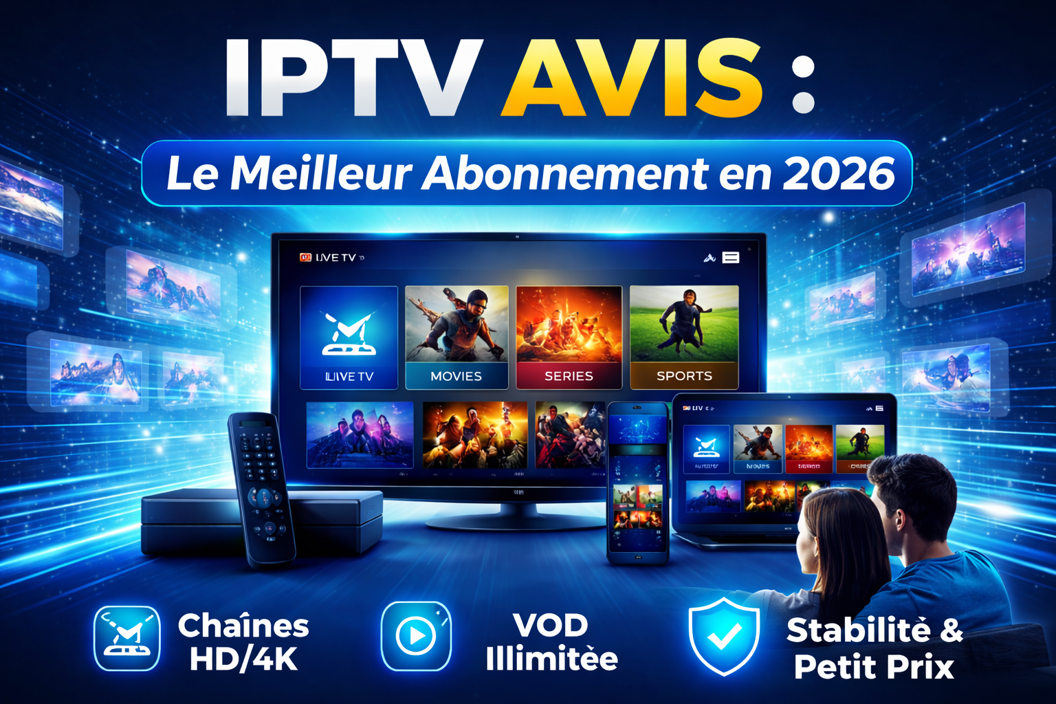 IPTV Avis 2026 montrant un service IPTV premium sur TV, smartphone et tablette, avec VOD illimitée et stabilité