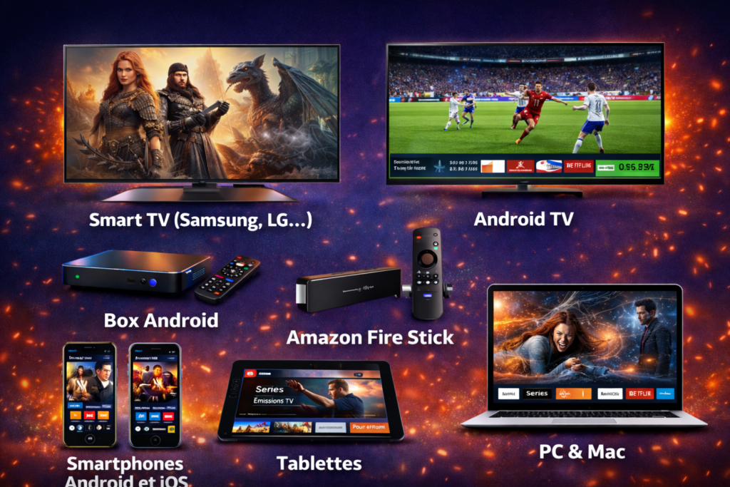 Appareils compatibles avec IPTV belge : Smart TV, Android TV, Box Android, Fire Stick, smartphones, tablettes et PC