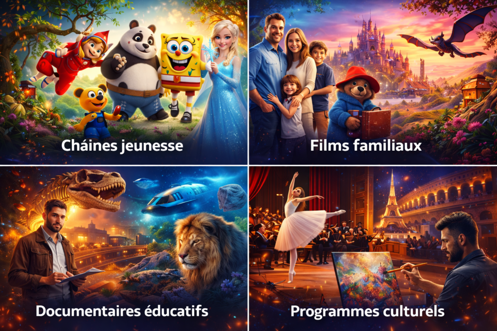 Contenus IPTV belge pour toute la famille : dessins animés, films familiaux, documentaires nature et programmes culturels en qualité HD
