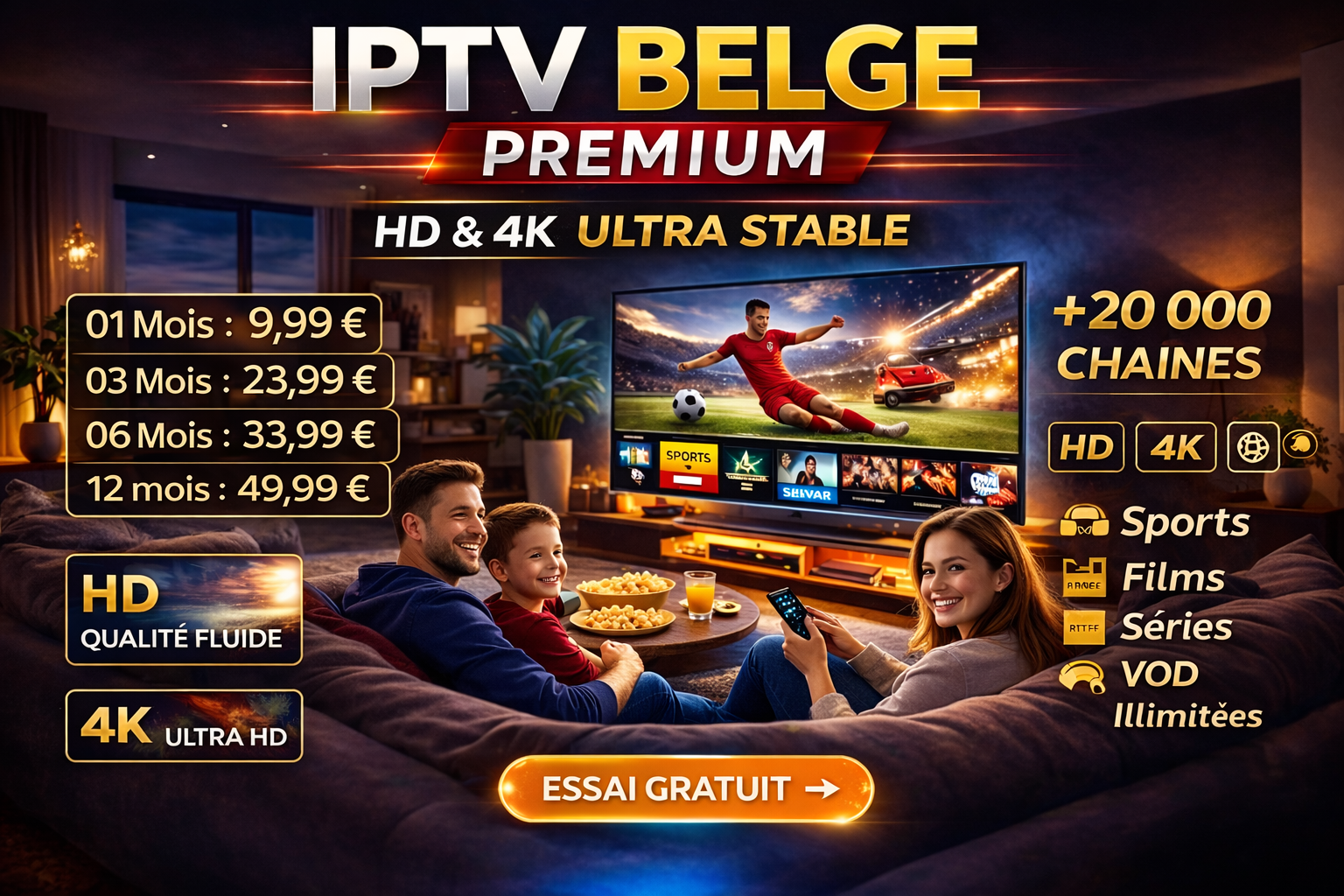 Abonnement IPTV belge premium avec prix 1 mois 9,99 €, 3 mois 23,99 €, 6 mois 33,99 €, 12 mois 49,99 € en qualité HD et 4K