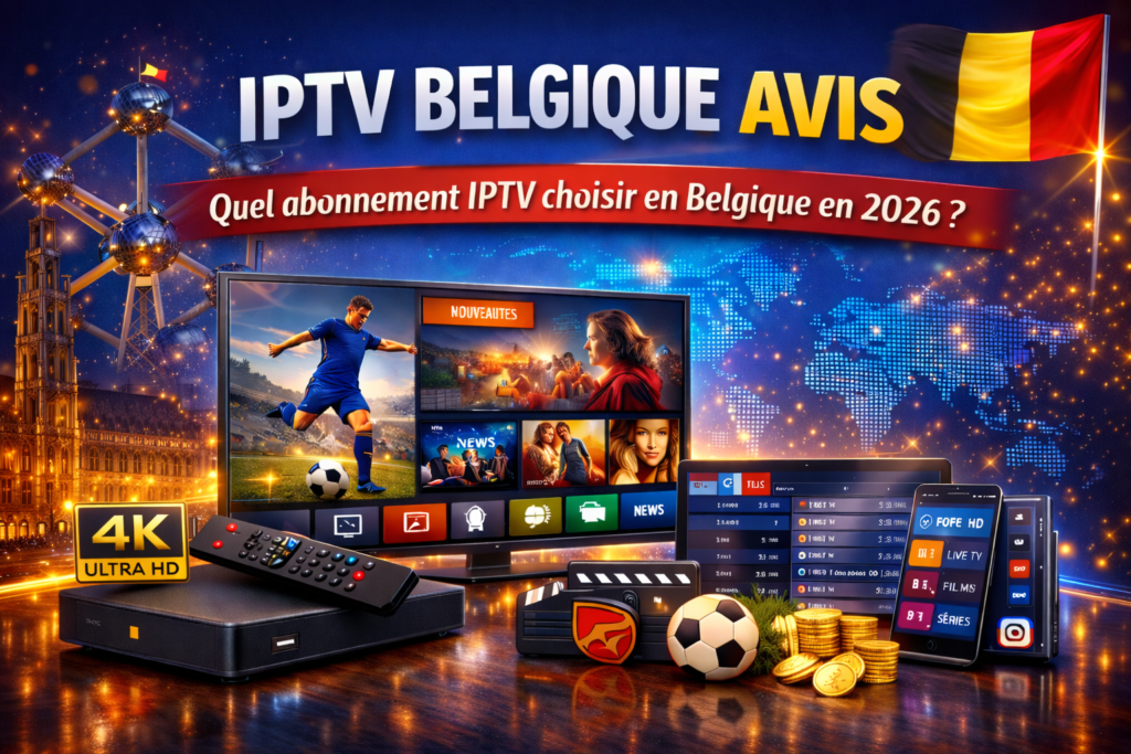 IPTV Belgique avis : visuel sur le meilleur abonnement IPTV 2026 avec qualité 4K, chaînes TV, films, séries et compatibilité multi-appareils