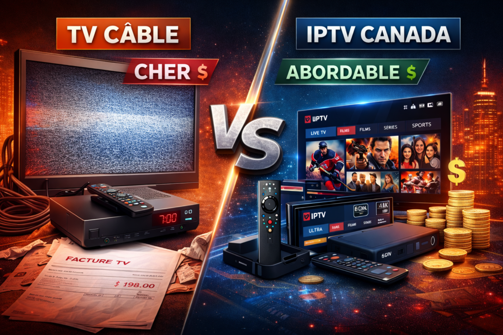 IPTV Canada vs TV câble montrant les différences de prix, simplicité d’utilisation, équipements et avantages d’un abonnement IPTV.
