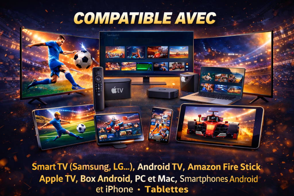 IPTV sport compatible avec Smart TV, Android TV, Amazon Fire Stick, Apple TV, PC, Mac, smartphones et tablettes