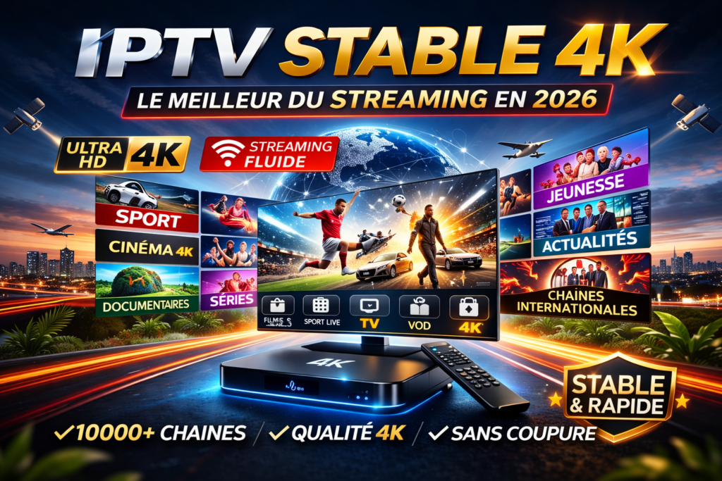 IPTV stable 4K 2026 avec catégories sport, cinéma 4K, séries, documentaires, jeunesse et chaînes internationales