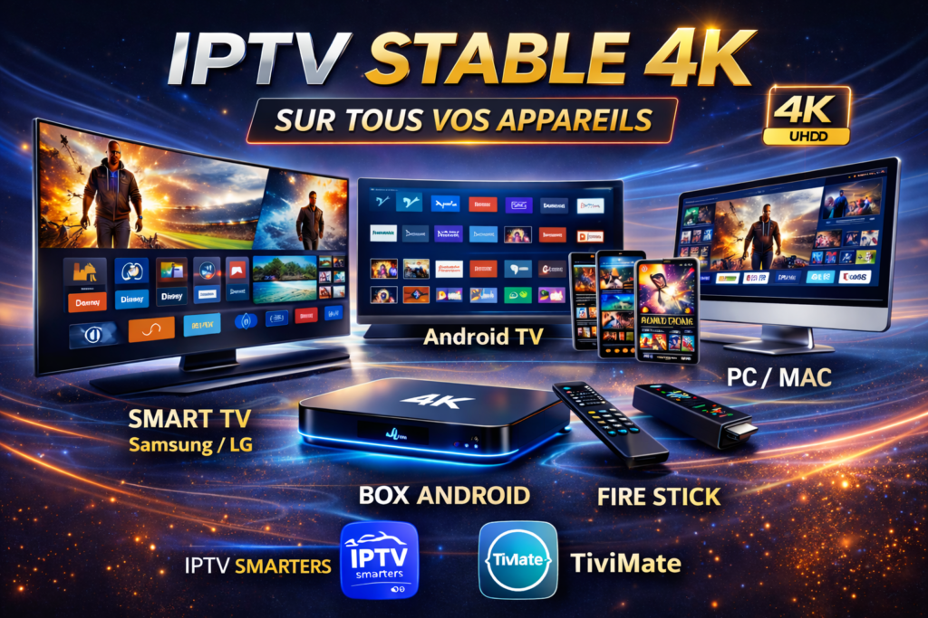 IPTV stable 4K compatible Smart TV Samsung LG, Android TV, Box Android, Fire Stick, PC Mac et smartphones Android iOS