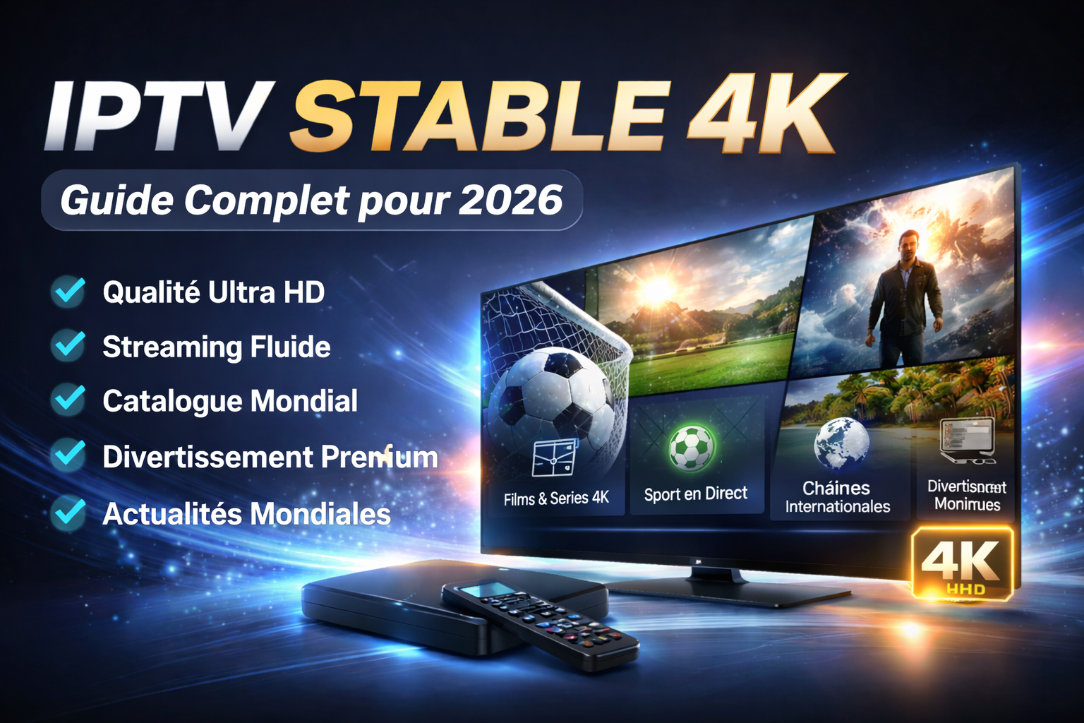 IPTV stable 4K guide complet 2026 avec qualité Ultra HD, streaming fluide, catalogue mondial et divertissement premium