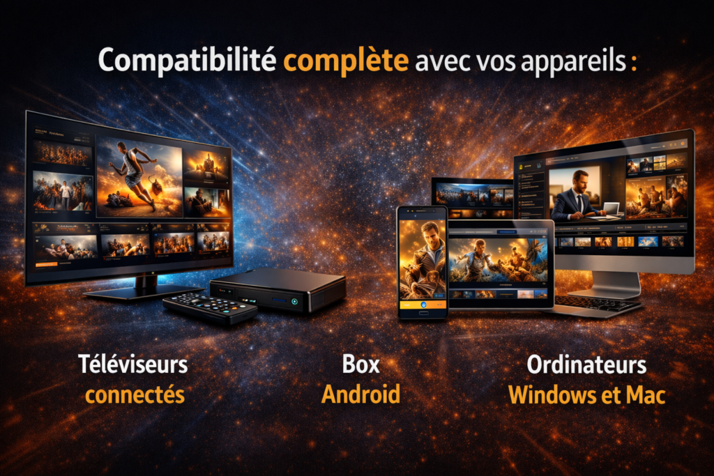 King IPTV compatible avec téléviseurs connectés, box Android, smartphones, tablettes et ordinateurs Windows et Mac