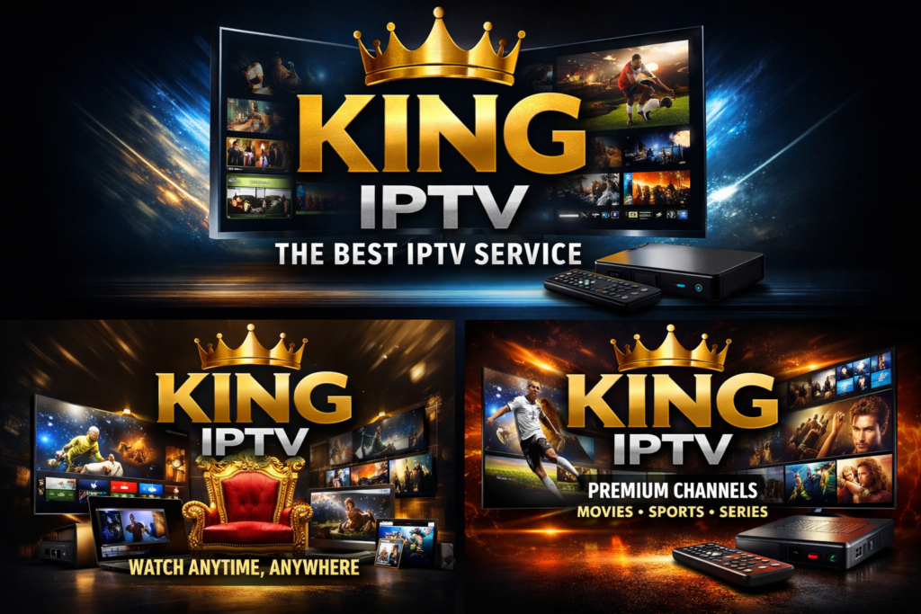 King IPTV montrant un service IPTV premium avec chaînes sport, films et séries disponibles sur plusieurs écrans