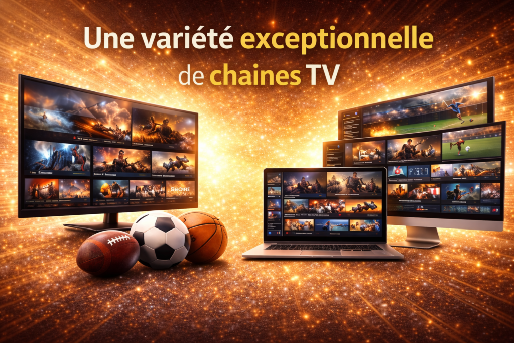 King IPTV offrant une large variété de chaînes TV avec contenus sport, films, séries et divertissement sur plusieurs écrans