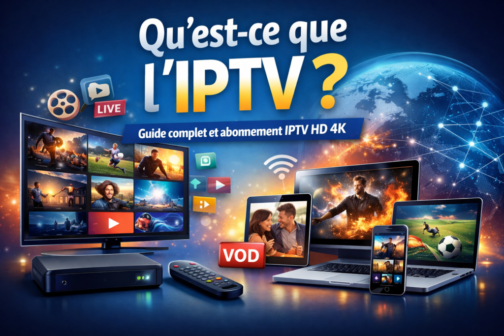 Qu’est ce que l’IPTV ? Image explicative avec TV et appareils en streaming, IPTV HD 4K, VOD et abonnement IPTV stable