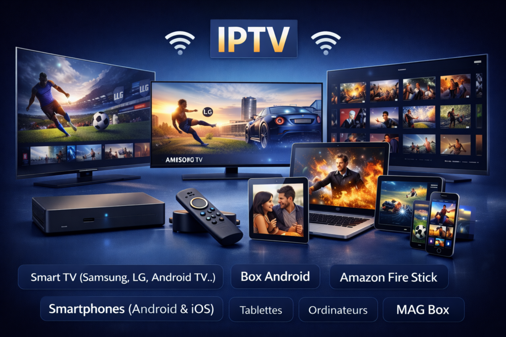 Qu’est ce que l’IPTV ? Image des appareils compatibles : Smart TV, Box Android, Amazon Fire Stick, smartphones Android iOS, tablette, ordinateur et MAG Box