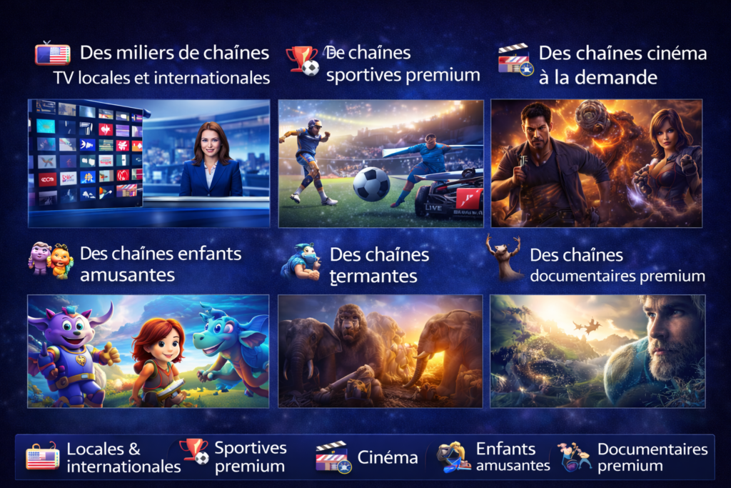 Qu’est ce que l’IPTV ? Visuel montrant les catégories de chaînes : locales et internationales, sport premium, cinéma, enfants et documentaires