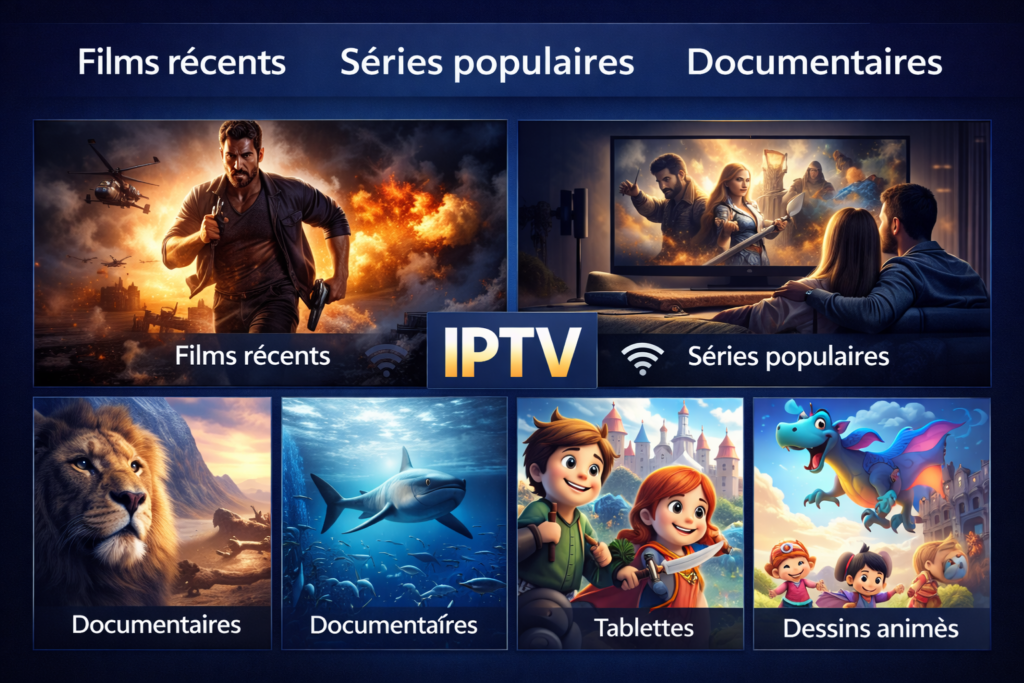 Qu’est ce que l’IPTV ? Visuel VOD avec films récents, séries populaires, documentaires et dessins animés inclus dans un abonnement IPTV