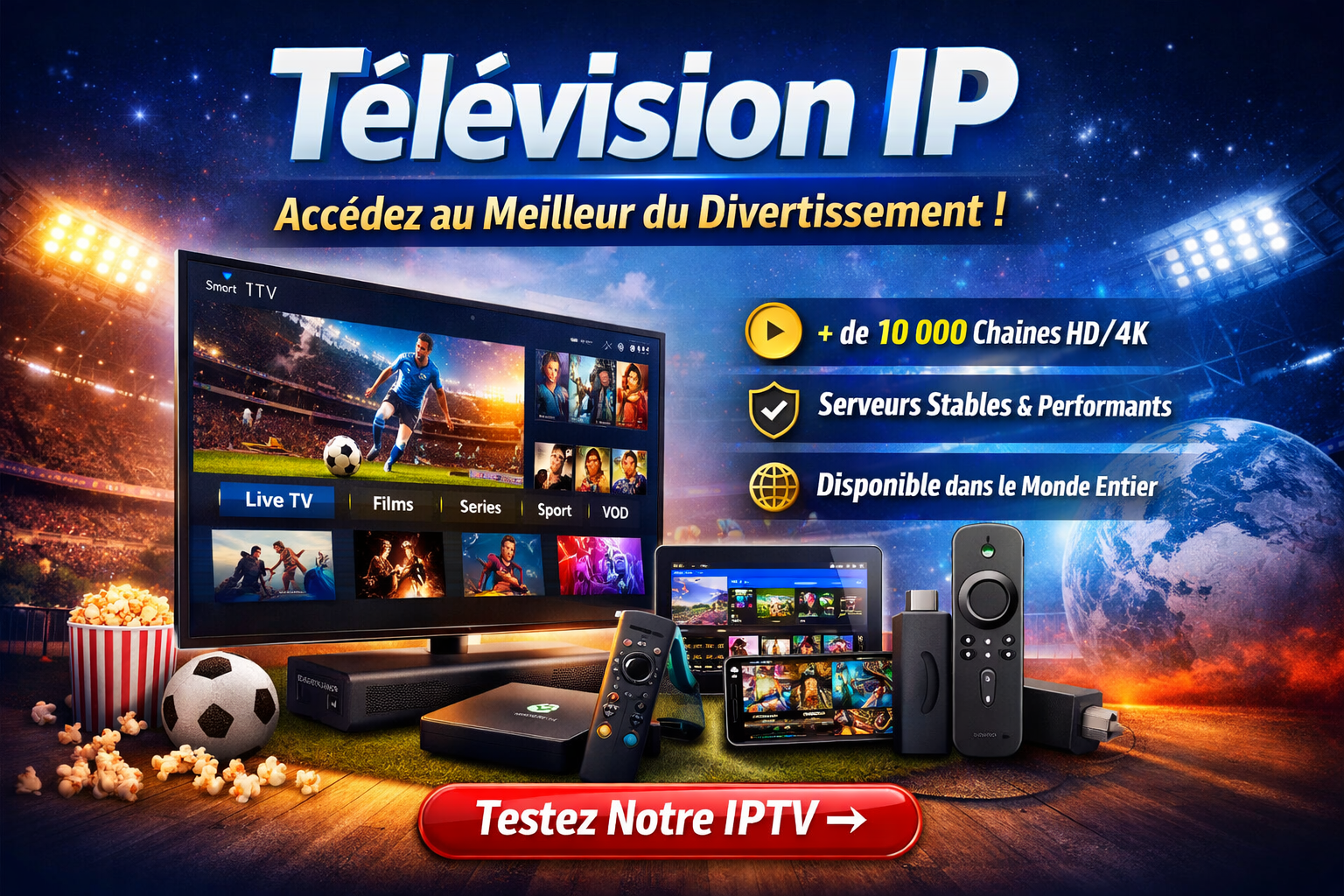 Télévision IP avec abonnement IPTV HD 4K, plus de 10 000 chaînes, serveurs stables et accès mondial