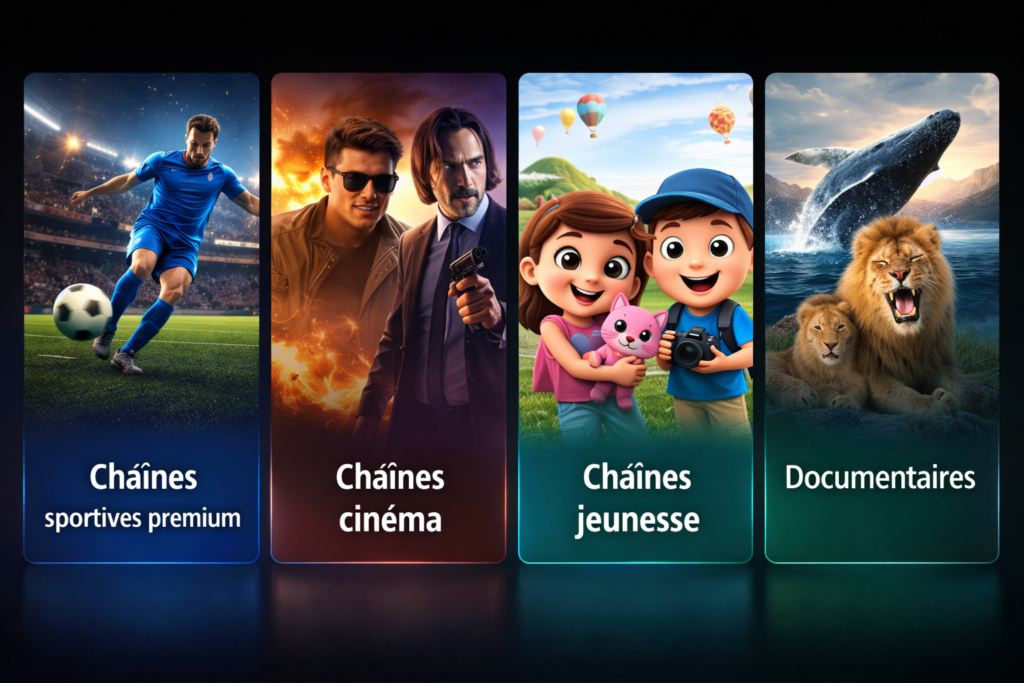 Télévision IP avec catégories IPTV : chaînes sportives premium, cinéma, jeunesse et documentaires