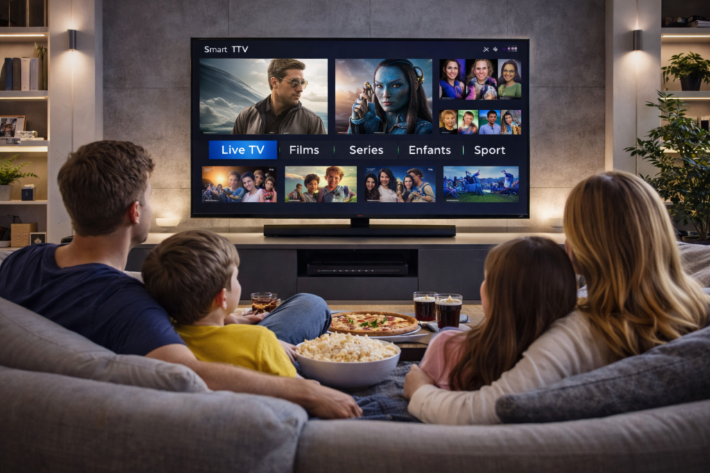 Télévision IP en famille : soirée cinéma à domicile sur Smart TV avec abonnement IPTV