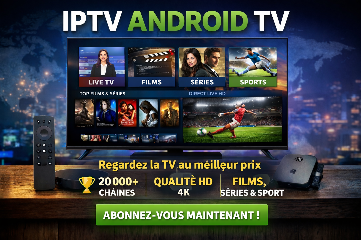 IPTV Android TV avec milliers de chaînes TV, films, séries et sport en HD et 4K