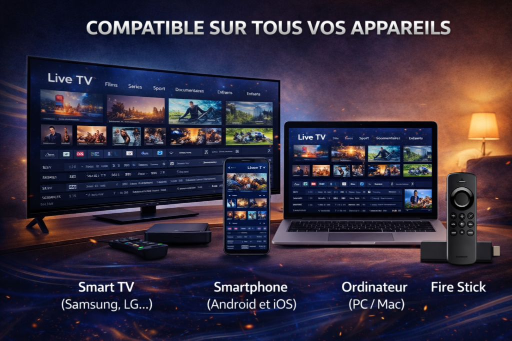 abonnement IPTV sans coupure compatible sur smart TV Android iOS ordinateur PC Mac et fire stick avec streaming fluide